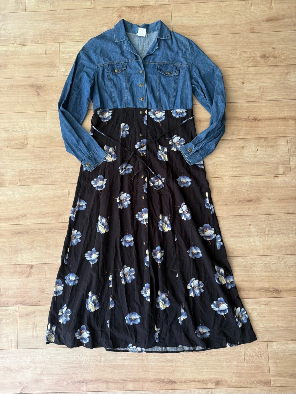 Vintage Niki Lee Denim Floral Maxi Dress Cottagecore Grunge Prairie USA